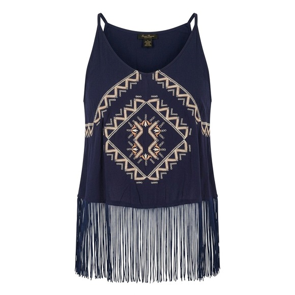 Jenna Hansen Tops - Jenna Hansen Navy Blue Embroidered Fringe Hem Cami Tank Top Boho Festival XS